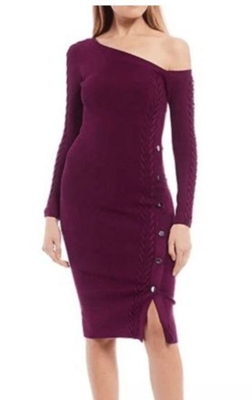 GUESS Off-The-Shoulder Side Button Cable Knit Sweater Dress Purple NWT XS